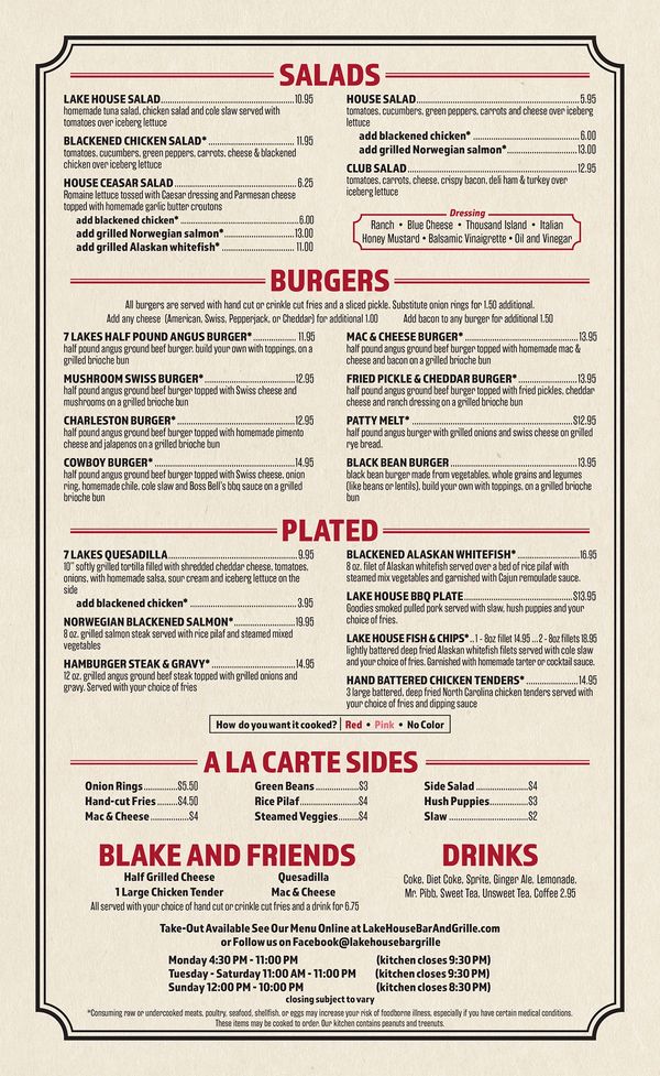 The Lake House Bar & Grille Lake House Menu, Food & Appetizers